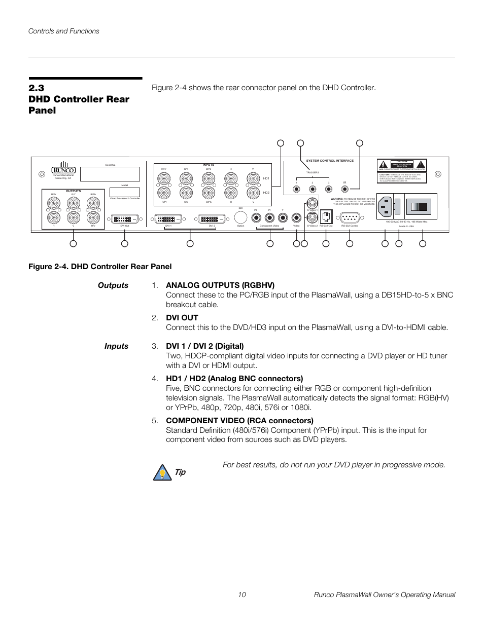 3 dhd controller rear panel, Figure 2-4 . dhd controller rear panel, Outputs | Inputs, Dhd controller rear panel, 4. dhd controller rear panel, Pre l iminar y | Runco PL-61DHD User Manual | Page 20 / 68