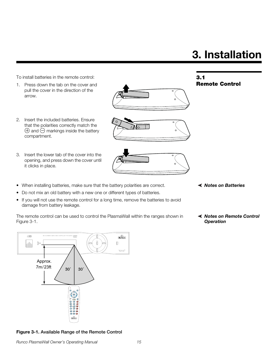 Installation, 1 remote control, Notes on batteries | Notes on remote control operation, Figure 3-1 . available range of the remote control, Remote control, 1. available range of the remote control, Pre l iminar y | Runco PL-61DHD User Manual | Page 25 / 68