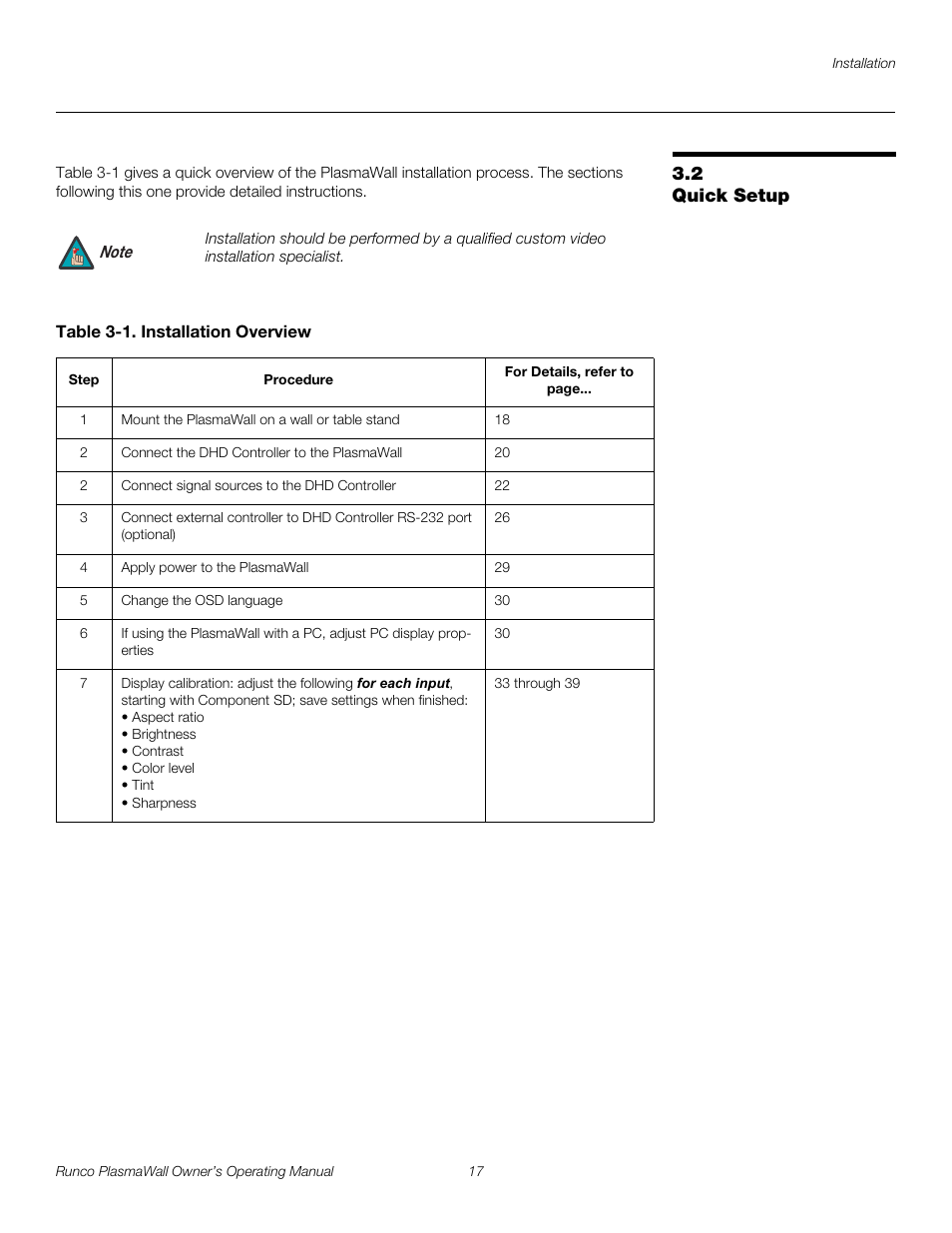2 quick setup, Table 3-1 . installation overview, Quick setup | Pre l iminar y | Runco PL-61DHD User Manual | Page 27 / 68