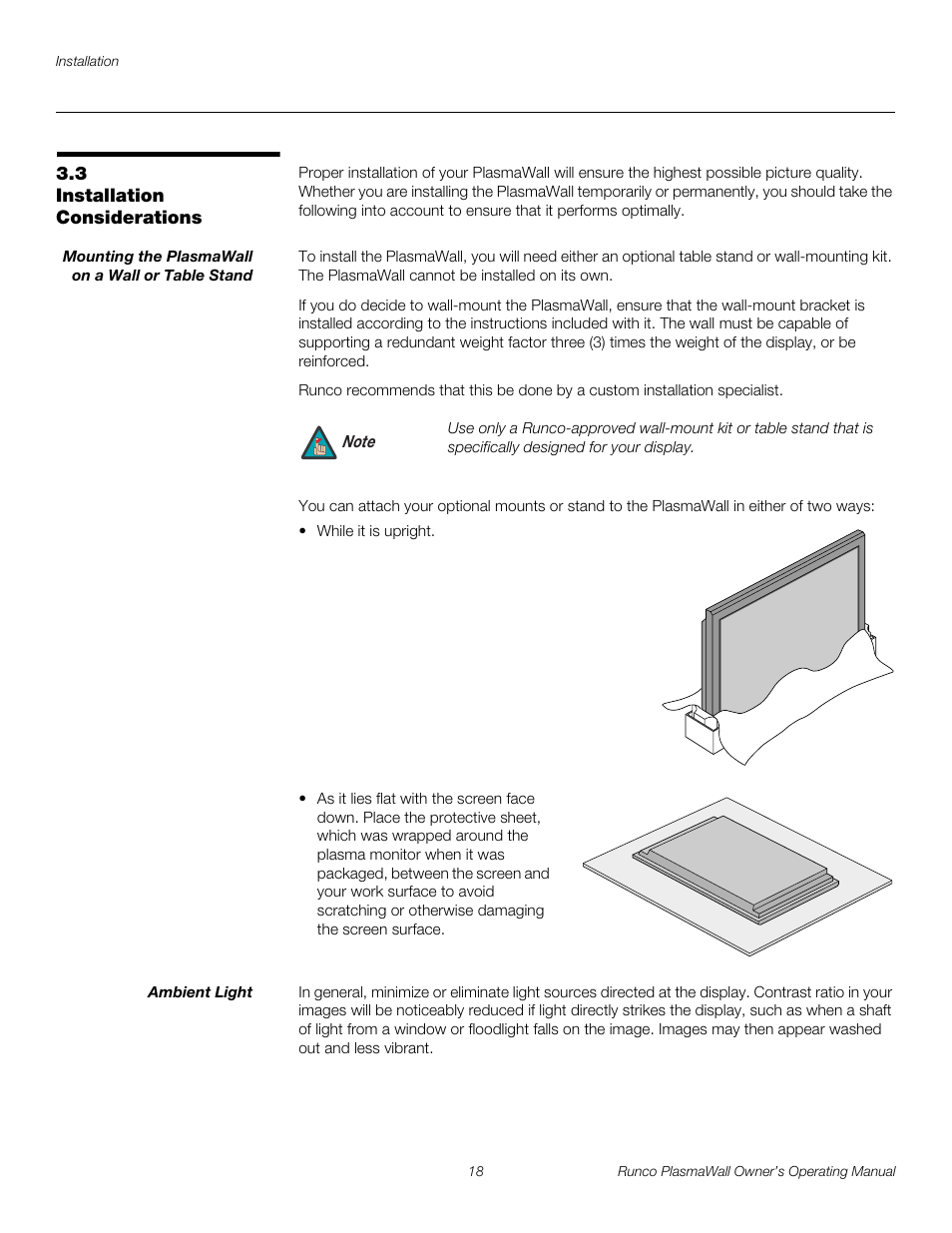 3 installation considerations, Mounting the plasmawall on a wall or table stand, Ambient light | Installation considerations, Pre l iminar y | Runco PL-61DHD User Manual | Page 28 / 68