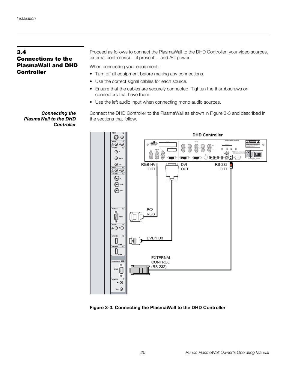 4 connections to the plasmawall and dhd controller, Connecting the plasmawall to the dhd controller, Connections to the plasmawall and dhd controller | 3. connecting the plasmawall to the dhd controller, Pre l iminar y | Runco PL-61DHD User Manual | Page 30 / 68