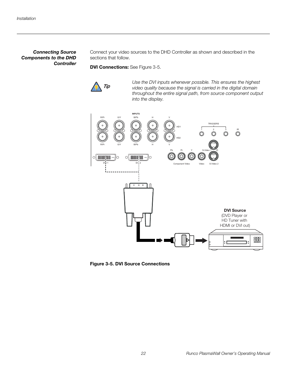 Connecting source components to the dhd controller, Dvi connections, Figure 3-5 . dvi source connections | 5. dvi source connections, Pre l iminar y | Runco PL-61DHD User Manual | Page 32 / 68