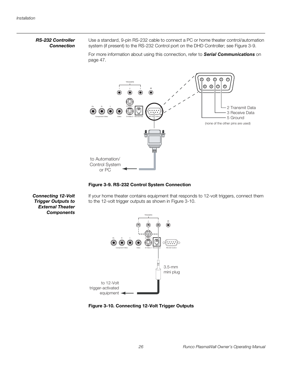 Rs-232 controller connection, Figure 3-9 . rs-232 control system connection, Figure 3-10 . connecting 12-volt trigger outputs | Iminar, 9. rs-232 control system connection, 10. connecting 12-volt trigger outputs, Pre l iminar y | Runco PL-61DHD User Manual | Page 36 / 68