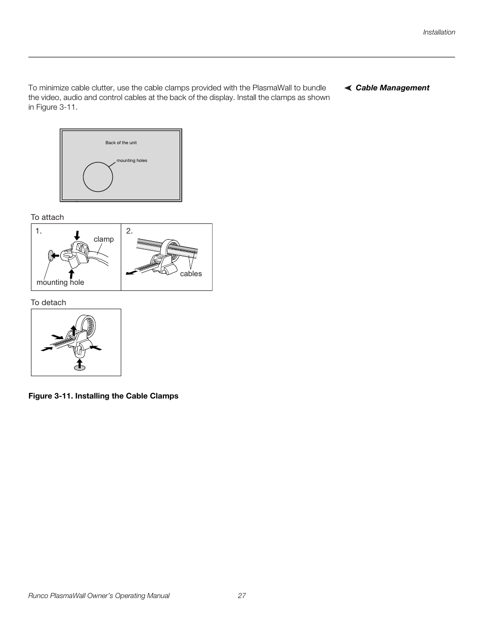 Cable management, Figure 3-11 . installing the cable clamps, 11. installing the cable clamps | Pre l iminar y | Runco PL-61DHD User Manual | Page 37 / 68