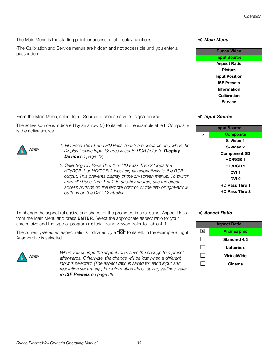 Main menu, Input source, Aspect ratio | Pre l iminar y | Runco PL-61DHD User Manual | Page 43 / 68