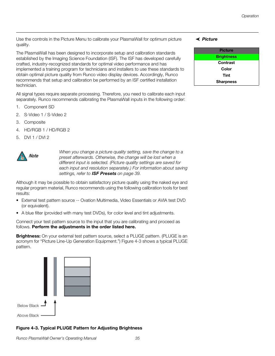 Picture, Brightness, 3. typical pluge pattern for adjusting brightness | Pre l iminar y | Runco PL-61DHD User Manual | Page 45 / 68