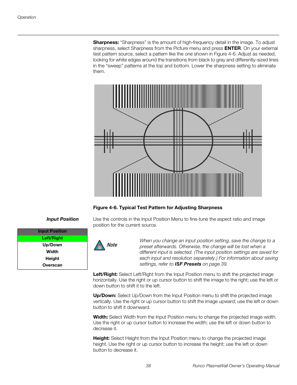 Sharpness, Input position, Left/right | Up/down, Width, Height, 6. typical test pattern for adjusting sharpness, Pre l iminar y | Runco PL-61DHD User Manual | Page 48 / 68