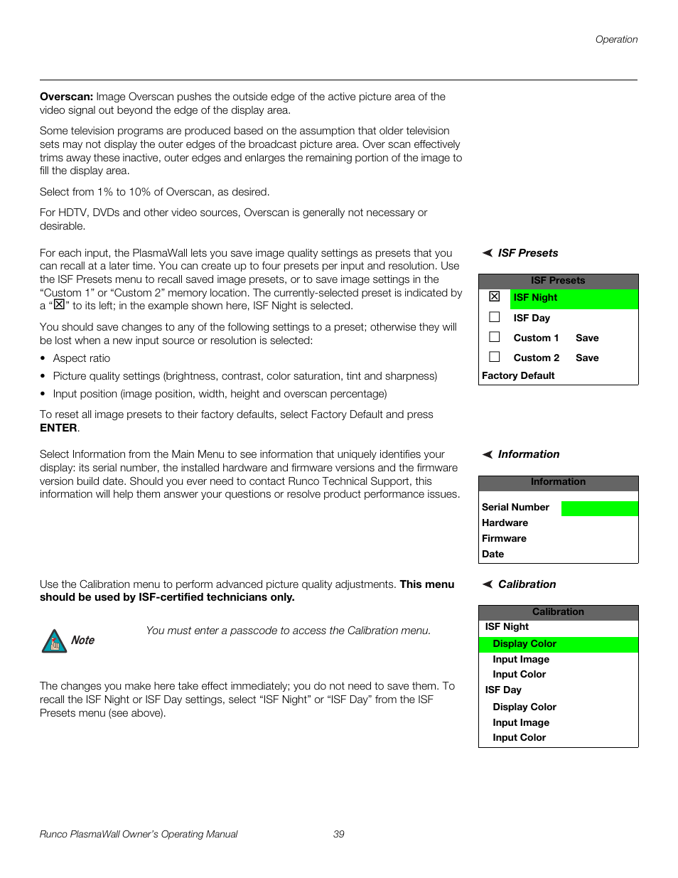 Overscan, Isf presets, Information | Calibration, Iminar, H 39, Pre l iminar y | Runco PL-61DHD User Manual | Page 49 / 68