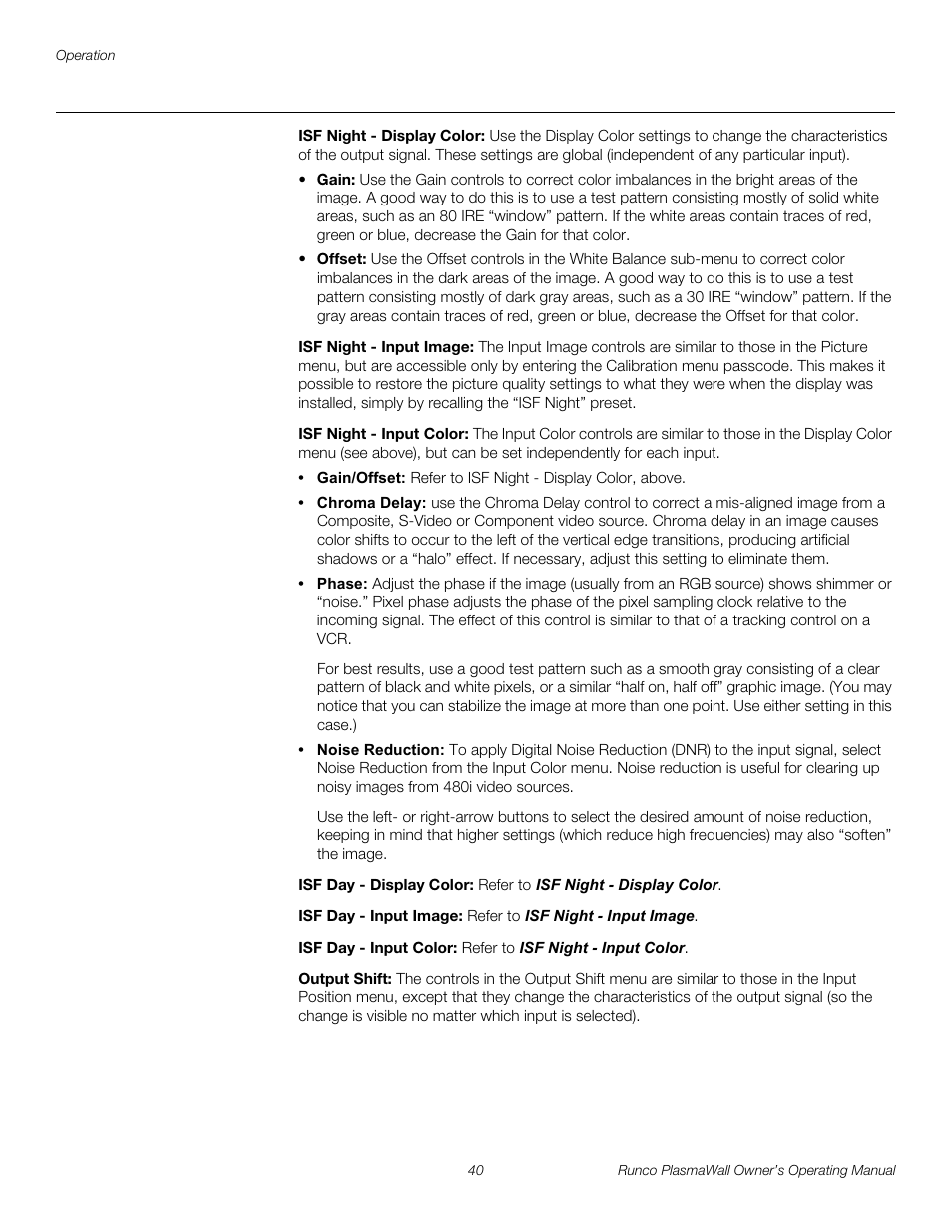 Isf night - display color, Isf night - input image, Isf night - input color | Isf day - display color, Isf day - input image, Isf day - input color, Output shift, Pre l iminar y | Runco PL-61DHD User Manual | Page 50 / 68