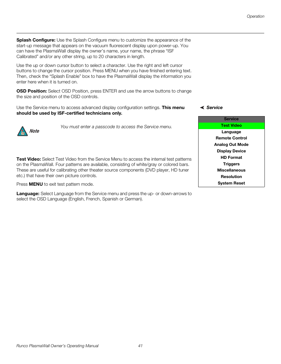 Splash configure, Osd position, Service | Test video, Language, Pre l iminar y | Runco PL-61DHD User Manual | Page 51 / 68