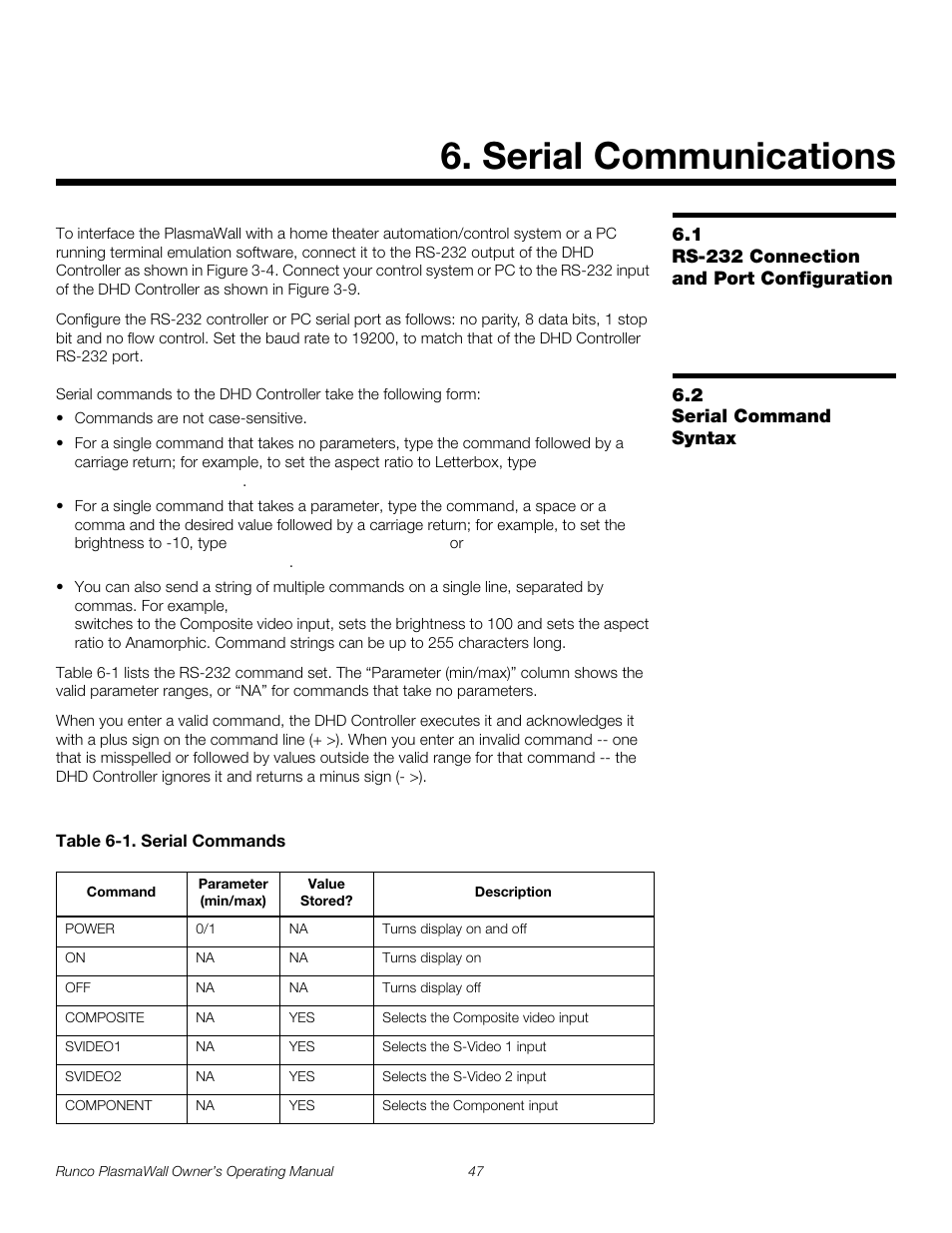 Serial communications, 1 rs-232 connection and port configuration, 2 serial command syntax | Table 6-1 . serial commands, Rs-232 connection and port configuration, Serial command syntax, Serial communications on, Pre l iminar y | Runco PL-61DHD User Manual | Page 57 / 68