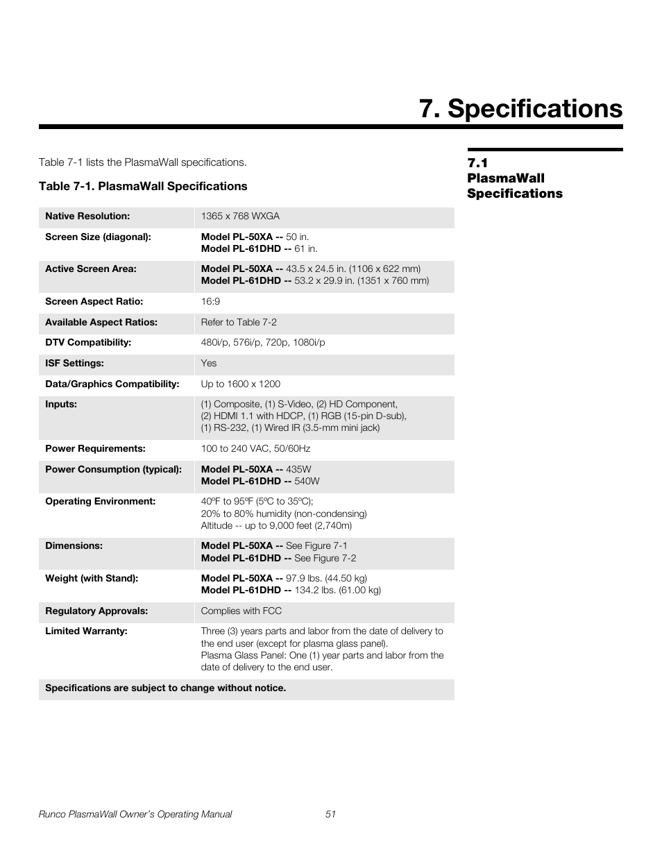Specifications, 1 plasmawall specifications, Table 7-1 . plasmawall specifications | Plasmawall specifications, Pr e l iminar y | Runco PL-61DHD User Manual | Page 61 / 68