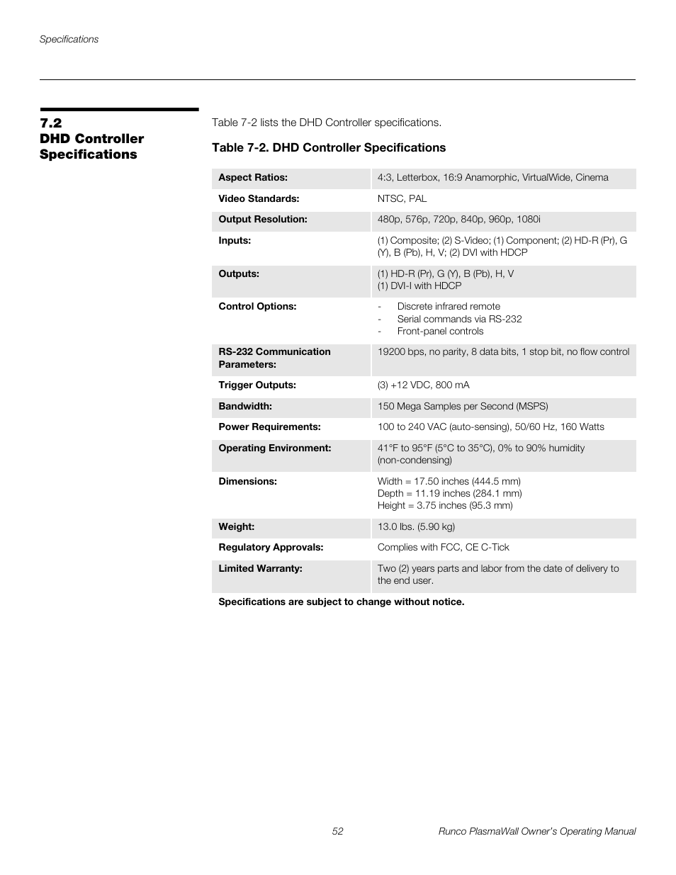 2 dhd controller specifications, Table 7-2 . dhd controller specifications, Dhd controller specifications | Table 7-2, Pre l iminar y | Runco PL-61DHD User Manual | Page 62 / 68