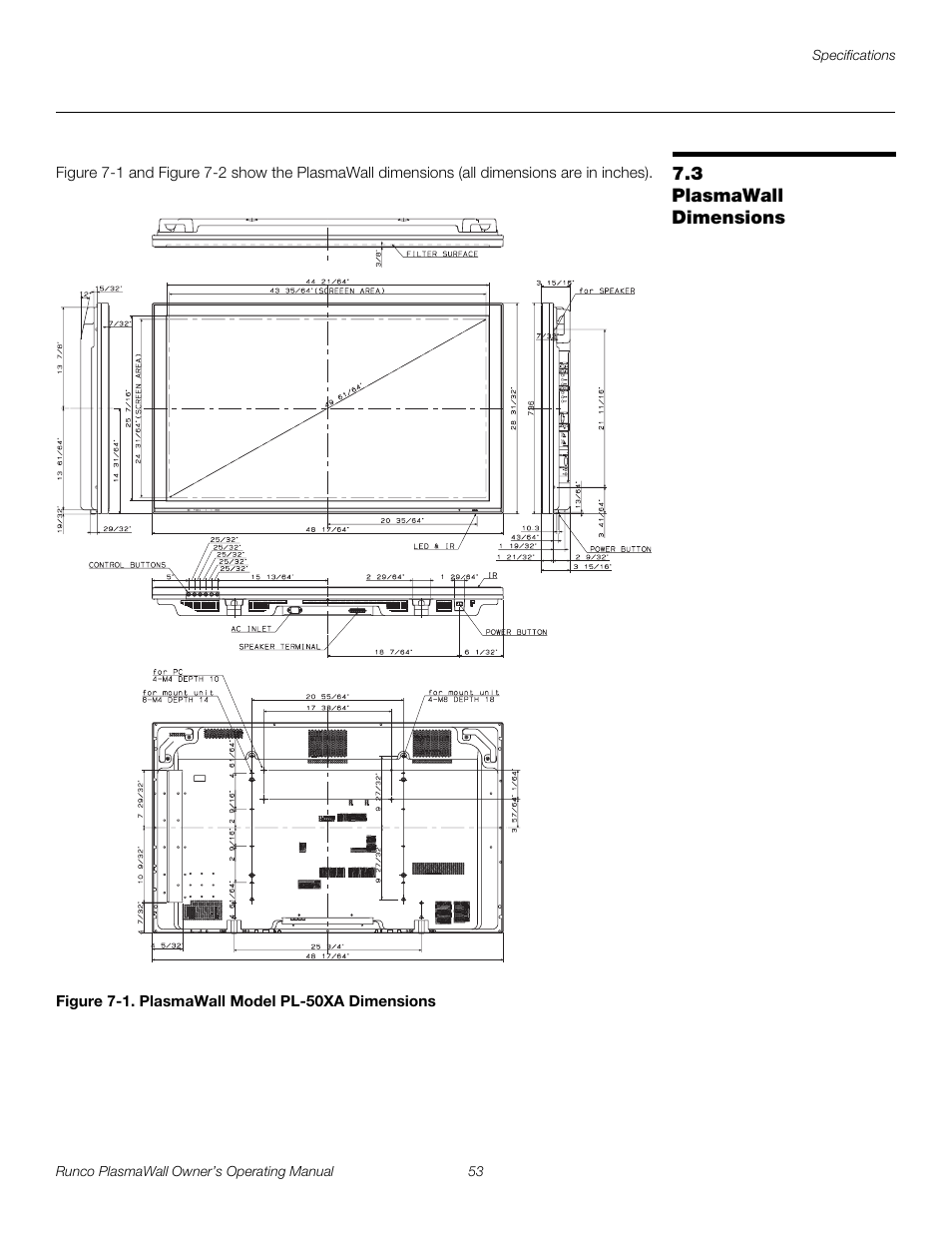 3 plasmawall dimensions, Figure 7-1 . plasmawall model pl-50xa dimensions, Plasmawall dimensions | 1. plasmawall model pl-50xa dimensions, See figure 7-1, Pre l iminar y | Runco PL-61DHD User Manual | Page 63 / 68