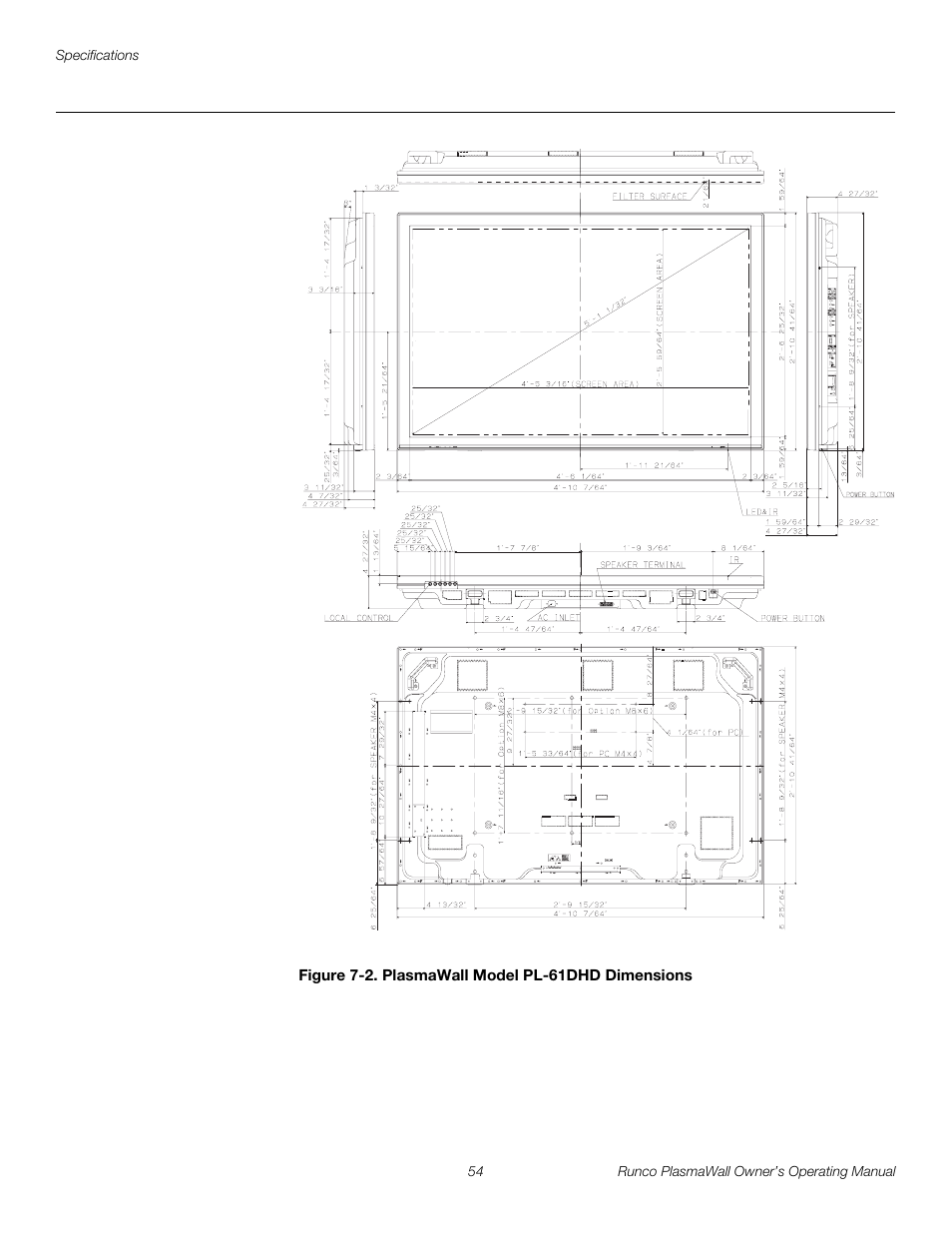 Figure 7-2 . plasmawall model pl-61dhd dimensions, 2. plasmawall model pl-61dhd dimensions, See figure 7-2 | Pre l iminar y | Runco PL-61DHD User Manual | Page 64 / 68