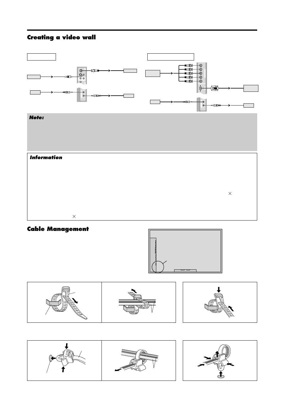 Creating a video wall, Cable management, Clamp mounting hook cables | Clamp mounting hole cables, In/o u t ), Mono ) | Runco PL-61CX User Manual | Page 21 / 76