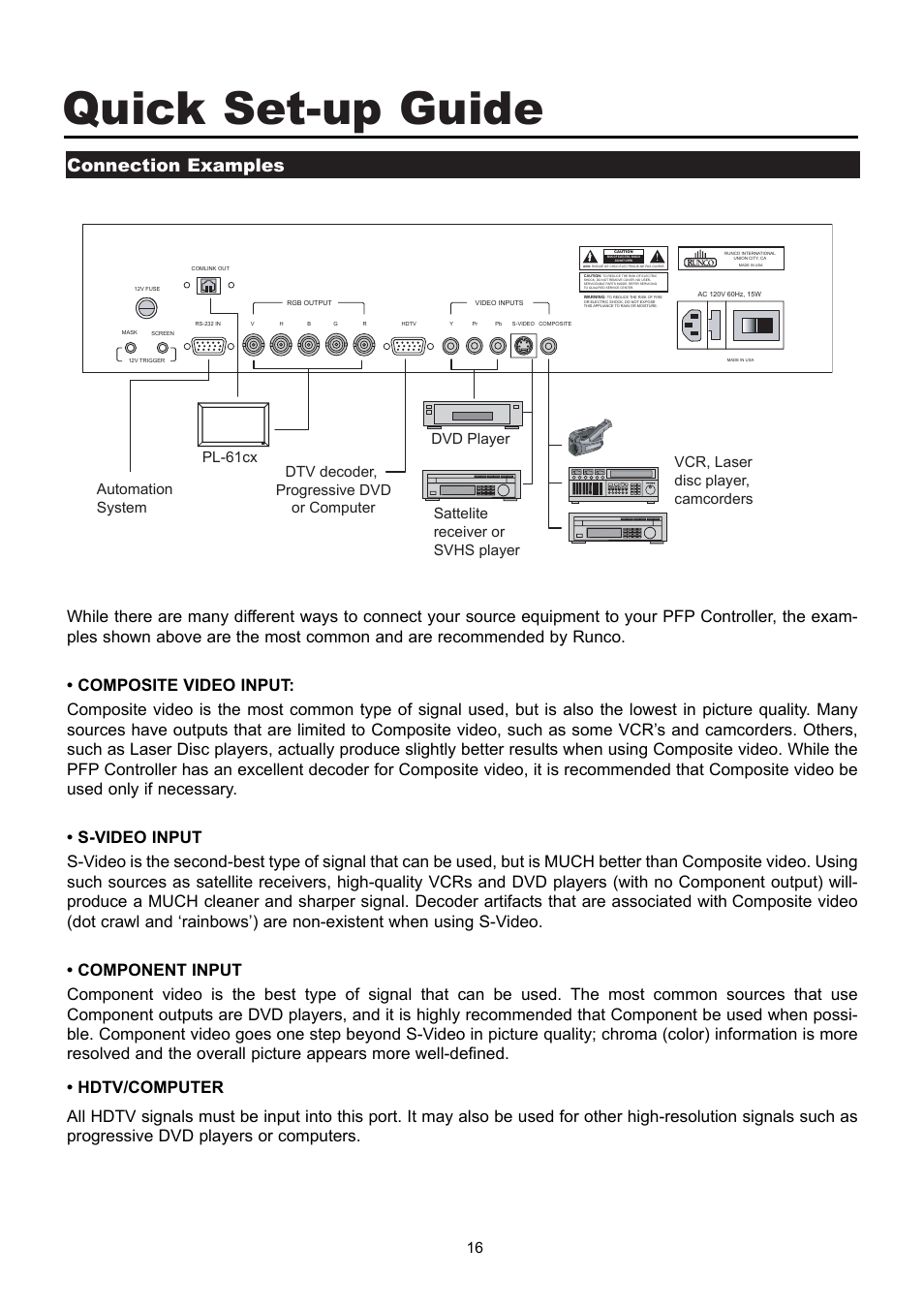 Quick set-up guide, Connection examples | Runco PL-61CX User Manual | Page 26 / 76