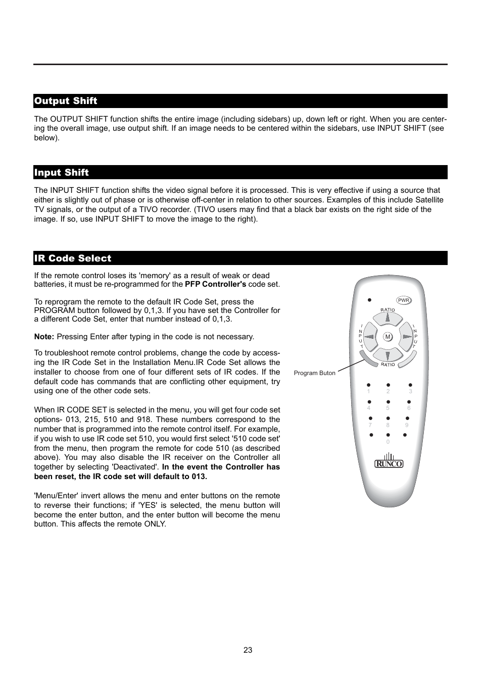 Output shift input shift, Ir code select | Runco PL-61CX User Manual | Page 33 / 76
