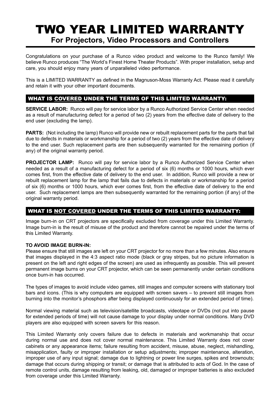 Two year limited warranty, For projectors, video processors and controllers | Runco PL-61CX User Manual | Page 9 / 76