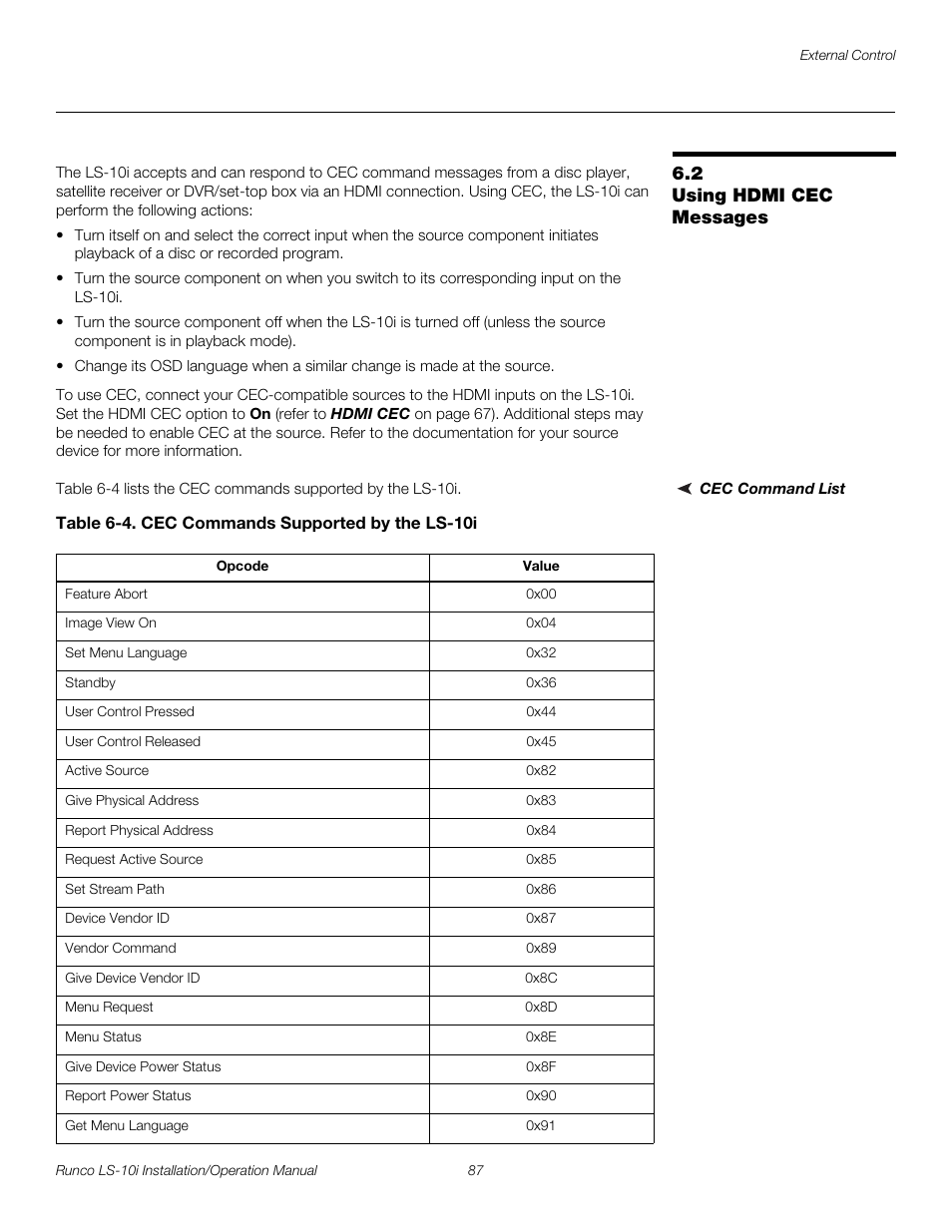 2 using hdmi cec messages, Cec command list, Table 6-4 . cec commands supported by the ls-10i | Using hdmi cec messages, Pre l iminar y | Runco LIGHTSTYLE LS-10I User Manual | Page 103 / 112