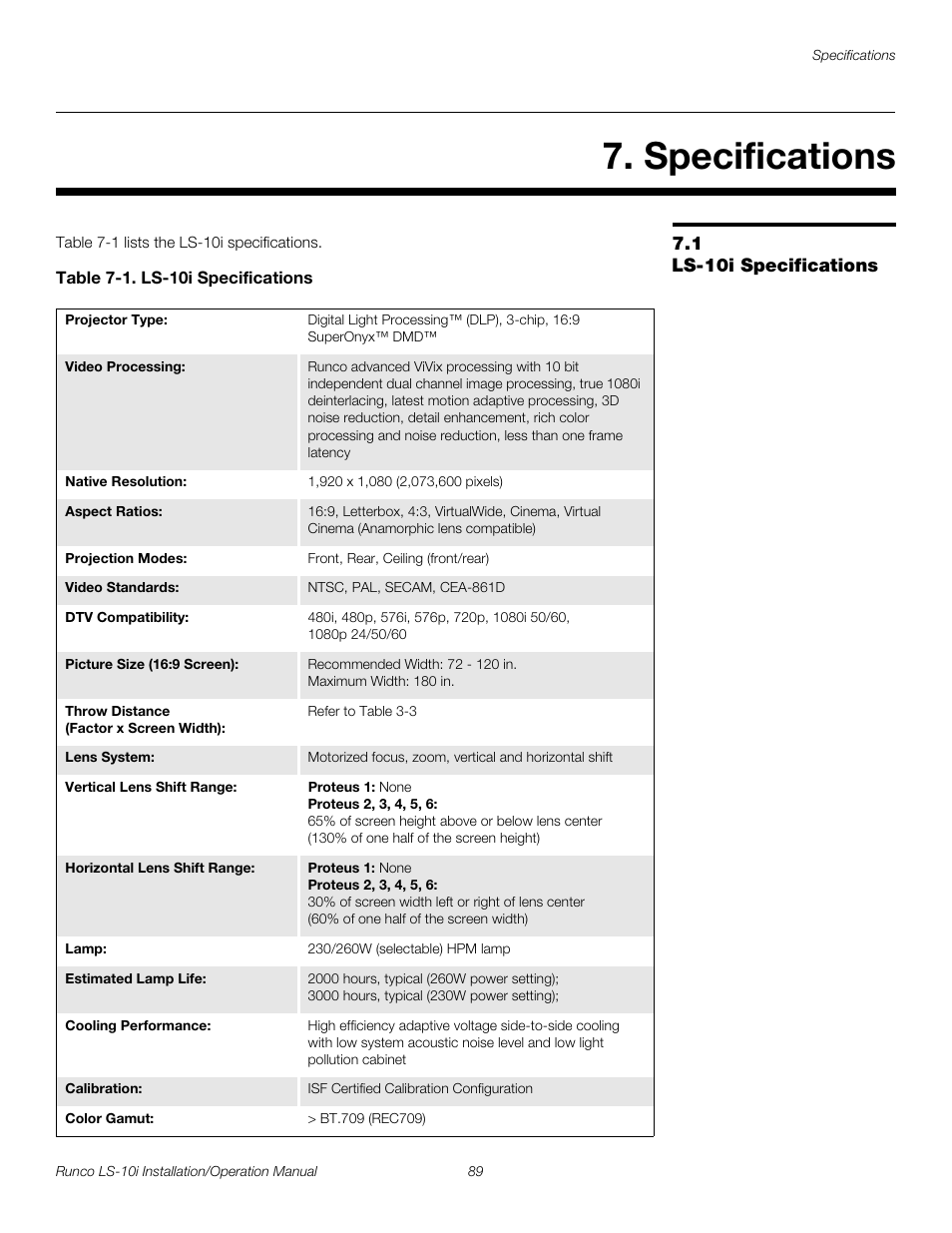 Specifications, 1 ls-10i specifications, Table 7-1 . ls-10i specifications | Ls-10i specifications, Pre l iminar y | Runco LIGHTSTYLE LS-10I User Manual | Page 105 / 112