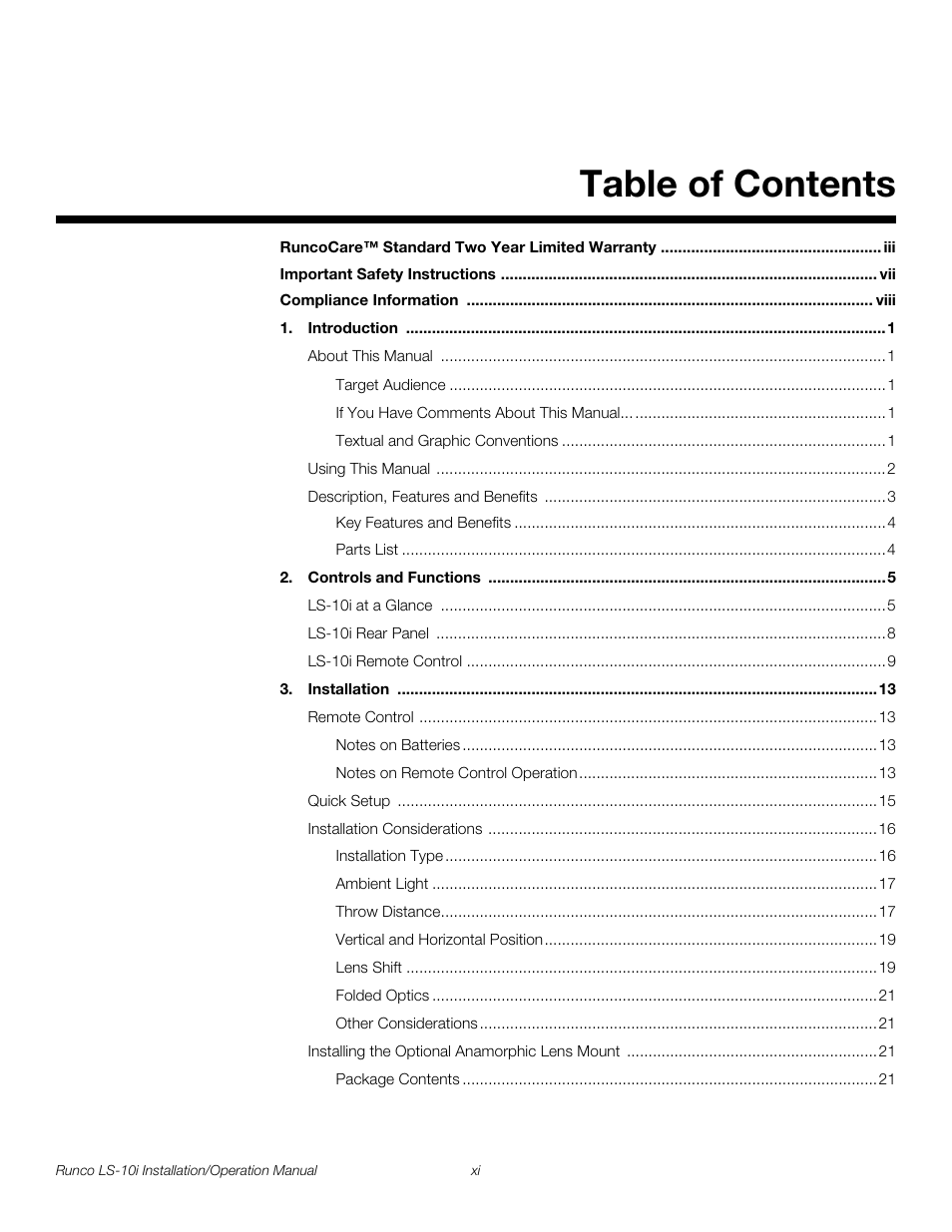 Runco LIGHTSTYLE LS-10I User Manual | Page 11 / 112