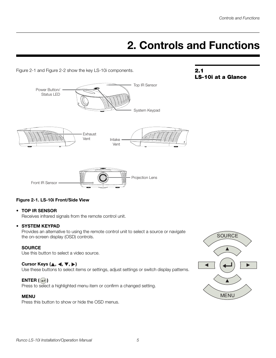 Controls and functions, 1 ls-10i at a glance, Figure 2-1 . ls-10i front/side view | Iminar, Ls-10i at a glance, 1. ls-10i front/side view, Pre l iminar y | Runco LIGHTSTYLE LS-10I User Manual | Page 21 / 112