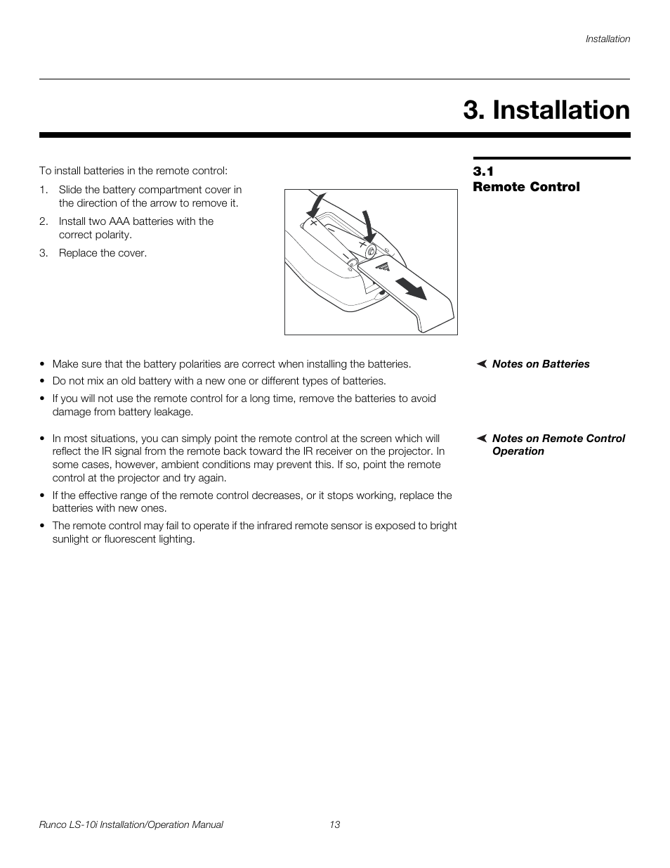 Installation, 1 remote control, Notes on batteries | Notes on remote control operation, Remote control, Pre l iminar y | Runco LIGHTSTYLE LS-10I User Manual | Page 29 / 112