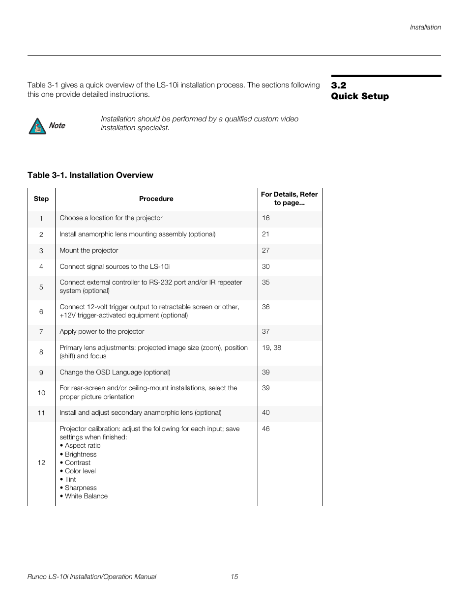 2 quick setup, Table 3-1 . installation overview, Quick setup | Pre l iminar y | Runco LIGHTSTYLE LS-10I User Manual | Page 31 / 112