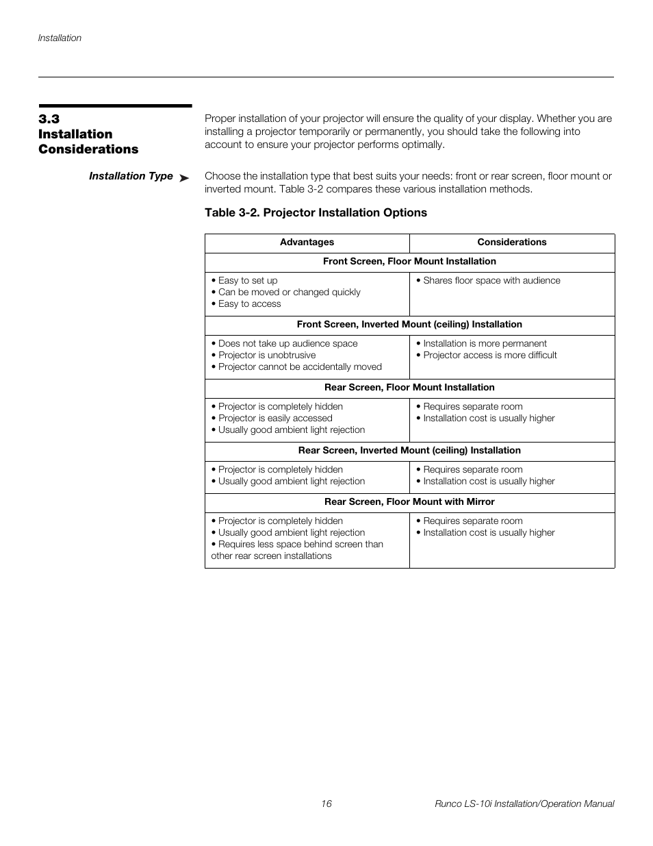 3 installation considerations, Installation type, Table 3-2 . projector installation options | Installation considerations, Pre l iminar y | Runco LIGHTSTYLE LS-10I User Manual | Page 32 / 112