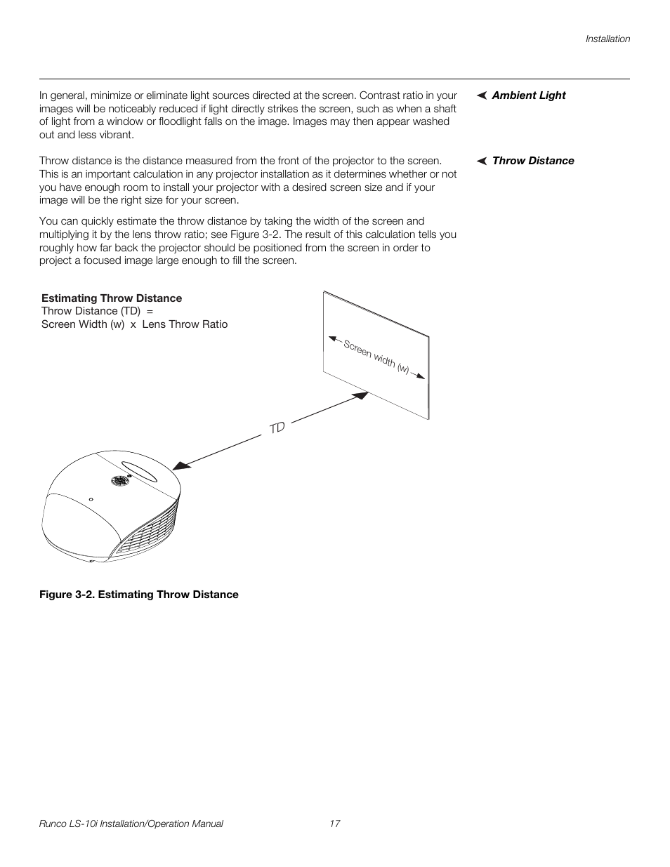 Ambient light, Throw distance, Figure 3-2 . estimating throw distance | 2. estimating throw distance, Pre l iminar y | Runco LIGHTSTYLE LS-10I User Manual | Page 33 / 112