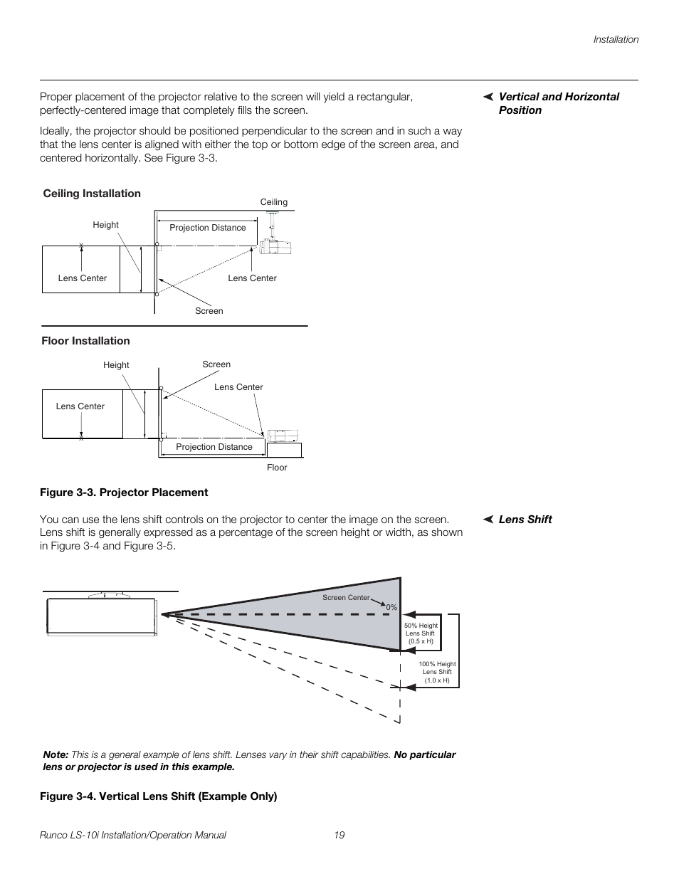 Vertical and horizontal position, Figure 3-3 . projector placement, Lens shift | Figure 3-4 . vertical lens shift (example only), 3. projector placement, 4. vertical lens shift (example only), Pre l iminar y | Runco LIGHTSTYLE LS-10I User Manual | Page 35 / 112