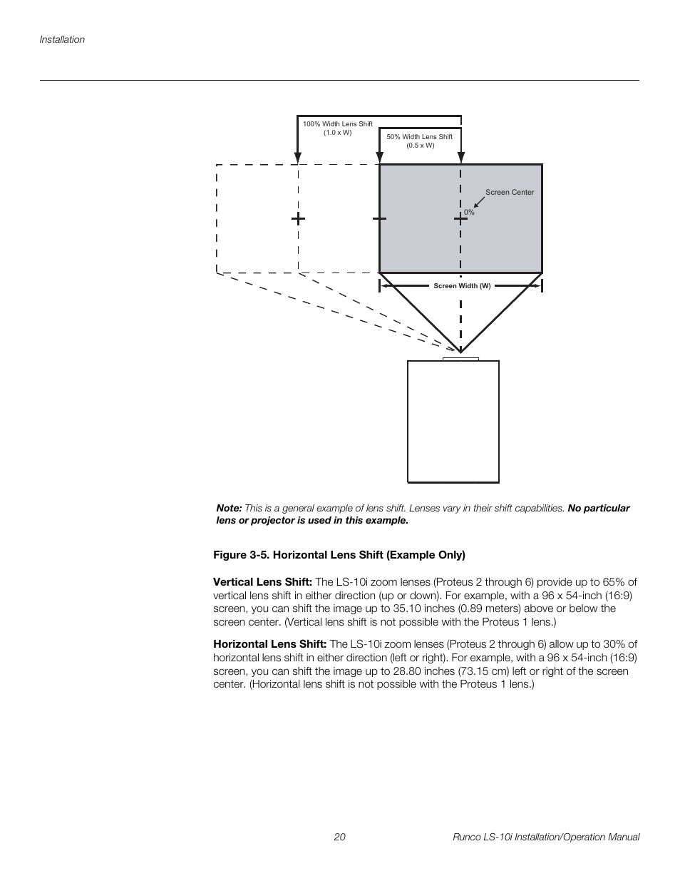 Figure 3-5 . horizontal lens shift (example only), Vertical lens shift, Horizontal lens shift | 5. horizontal lens shift (example only), D figure 3-5, Pre l iminar y | Runco LIGHTSTYLE LS-10I User Manual | Page 36 / 112