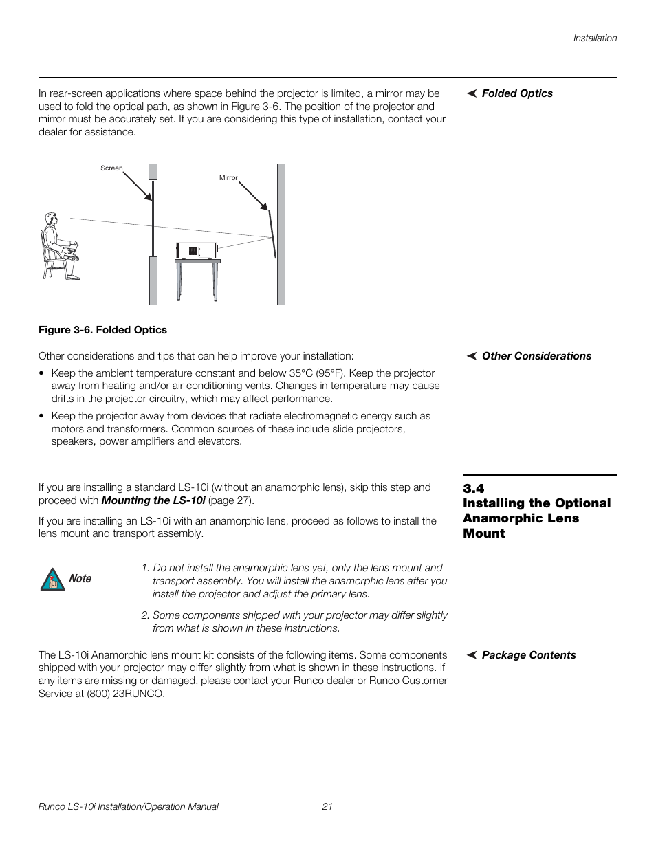 Folded optics, Figure 3-6 . folded optics, Other considerations | 4 installing the optional anamorphic lens mount, Package contents, Installing the optional anamorphic lens mount, 6. folded optics, Pre l iminar y | Runco LIGHTSTYLE LS-10I User Manual | Page 37 / 112