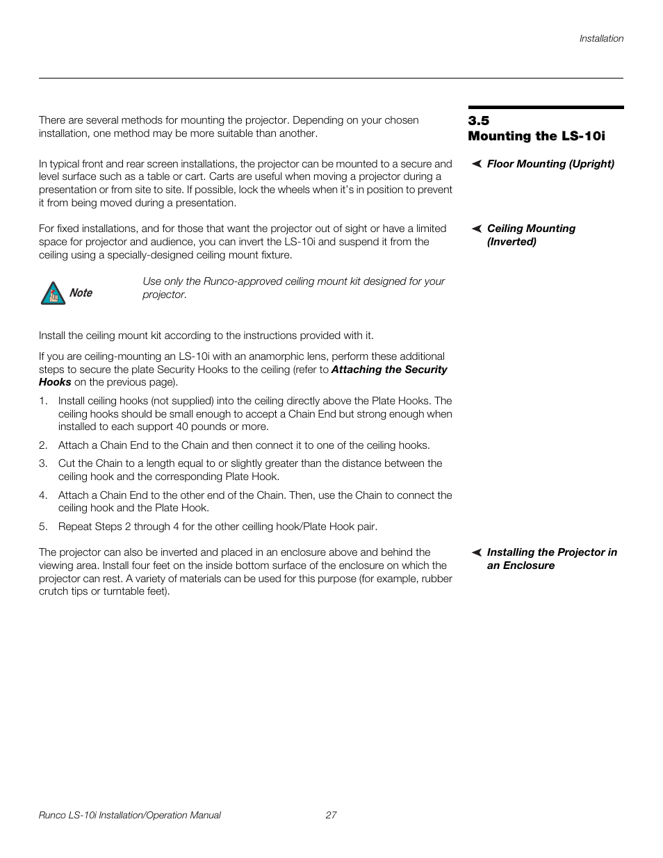 5 mounting the ls-10i, Floor mounting (upright), Ceiling mounting (inverted) | Installing the projector in an enclosure, Mounting the ls-10i, Pre l iminar y | Runco LIGHTSTYLE LS-10I User Manual | Page 43 / 112