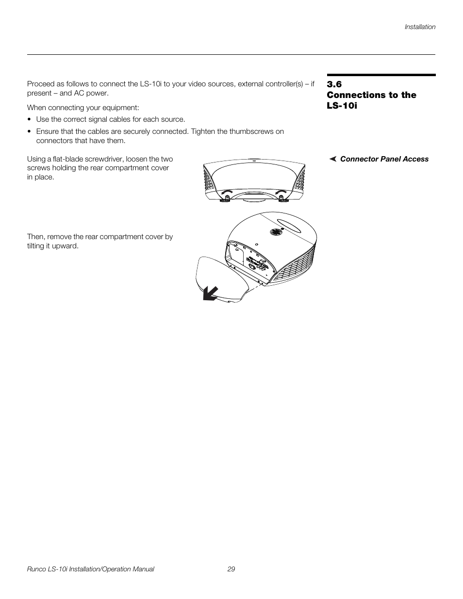 6 connections to the ls-10i, Connector panel access, Connections to the ls-10i | Pre l iminar y | Runco LIGHTSTYLE LS-10I User Manual | Page 45 / 112