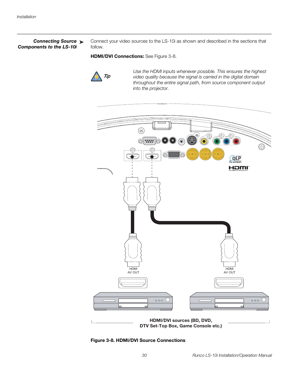 Connecting source components to the ls-10i, Hdmi/dvi connections, Figure 3-8 . hdmi/dvi source connections | 8. hdmi/dvi source connections, Pre l iminar y | Runco LIGHTSTYLE LS-10I User Manual | Page 46 / 112