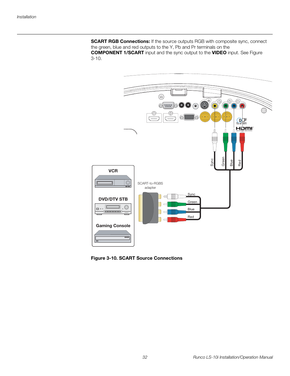 Scart rgb connections, Figure 3-10 . scart source connections, 10. scart source connections | Pre l iminar y | Runco LIGHTSTYLE LS-10I User Manual | Page 48 / 112