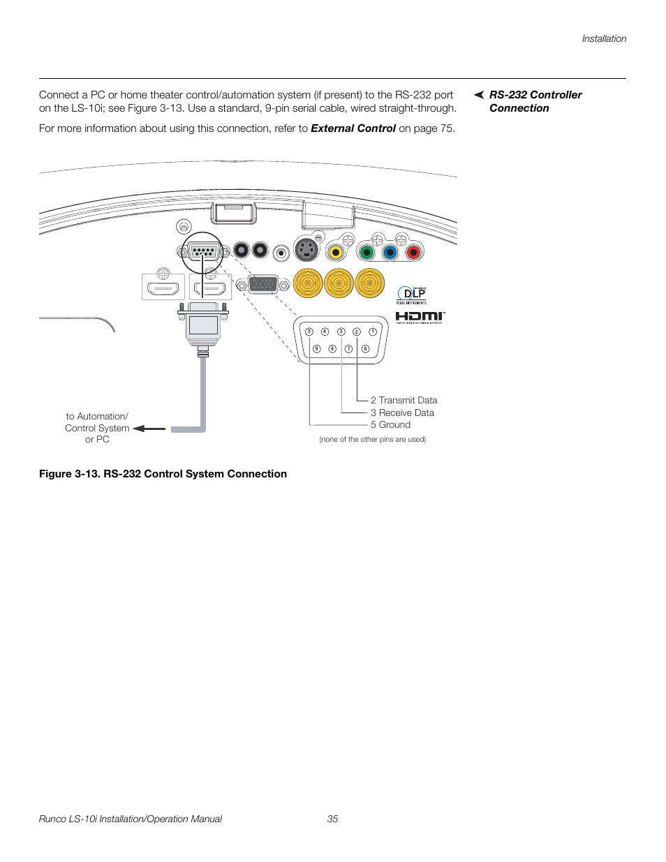 Rs-232 controller connection, Figure 3-13 . rs-232 control system connection, 13. rs-232 control system connection | Pre l iminar y | Runco LIGHTSTYLE LS-10I User Manual | Page 51 / 112