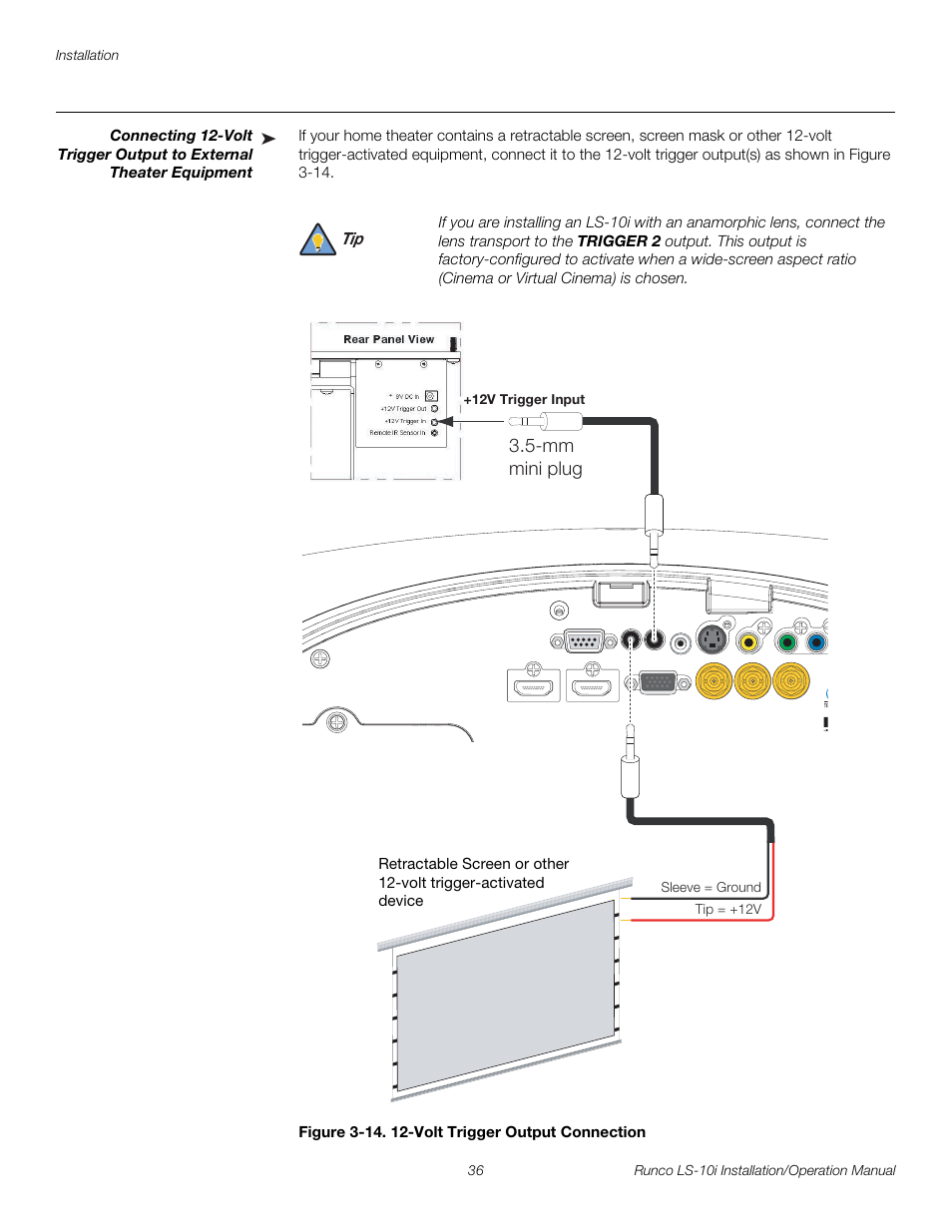 Figure 3-14 . 12-volt trigger output connection, 14. 12-volt trigger output connection, Pre l iminar y | Runco LIGHTSTYLE LS-10I User Manual | Page 52 / 112