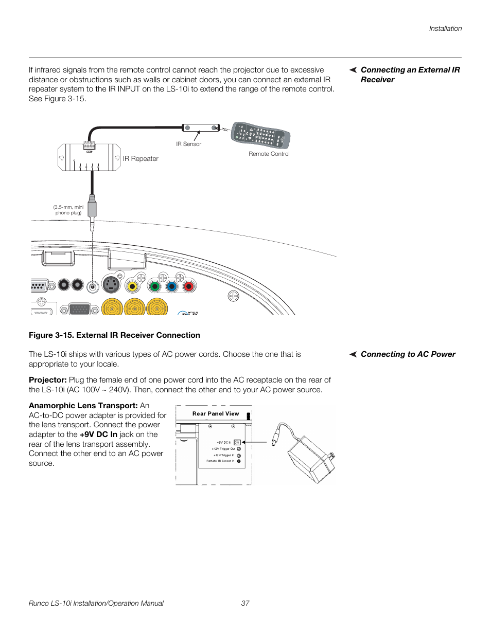 Connecting an external ir receiver, Figure 3-15 . external ir receiver connection, Connecting to ac power | Projector, Anamorphic lens transport, 15. external ir receiver connection, Pre l iminar y | Runco LIGHTSTYLE LS-10I User Manual | Page 53 / 112