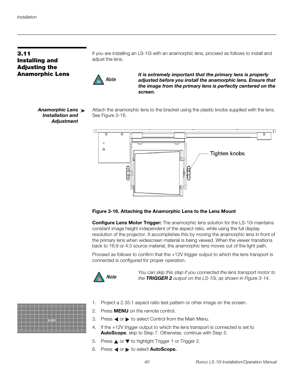 11 installing and adjusting the anamorphic lens, Anamorphic lens installation and adjustment, Configure lens motor trigger | Installing and adjusting the anamorphic lens, Pre l iminar y | Runco LIGHTSTYLE LS-10I User Manual | Page 56 / 112