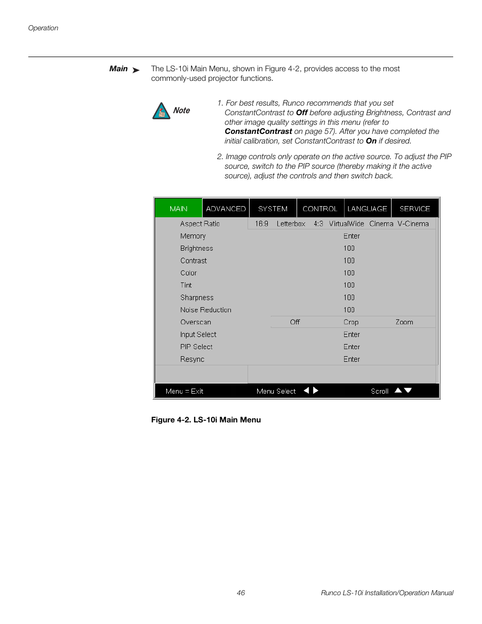 Main, Figure 4-2 . ls-10i main menu, 2. ls-10i main menu | Pre l iminar y | Runco LIGHTSTYLE LS-10I User Manual | Page 62 / 112