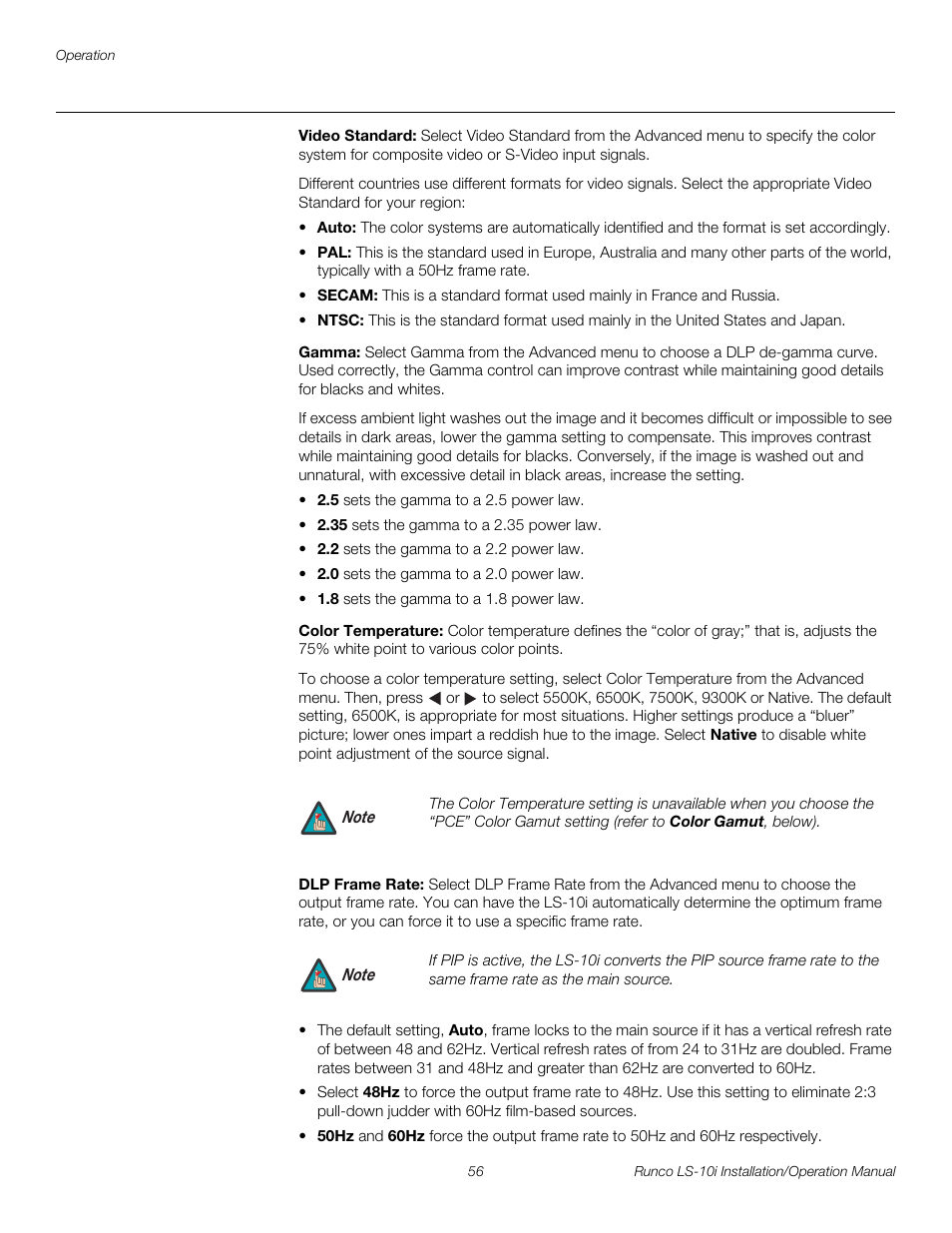 Video standard, Gamma, Color temperature | Dlp frame rate, Pre l iminar y | Runco LIGHTSTYLE LS-10I User Manual | Page 72 / 112