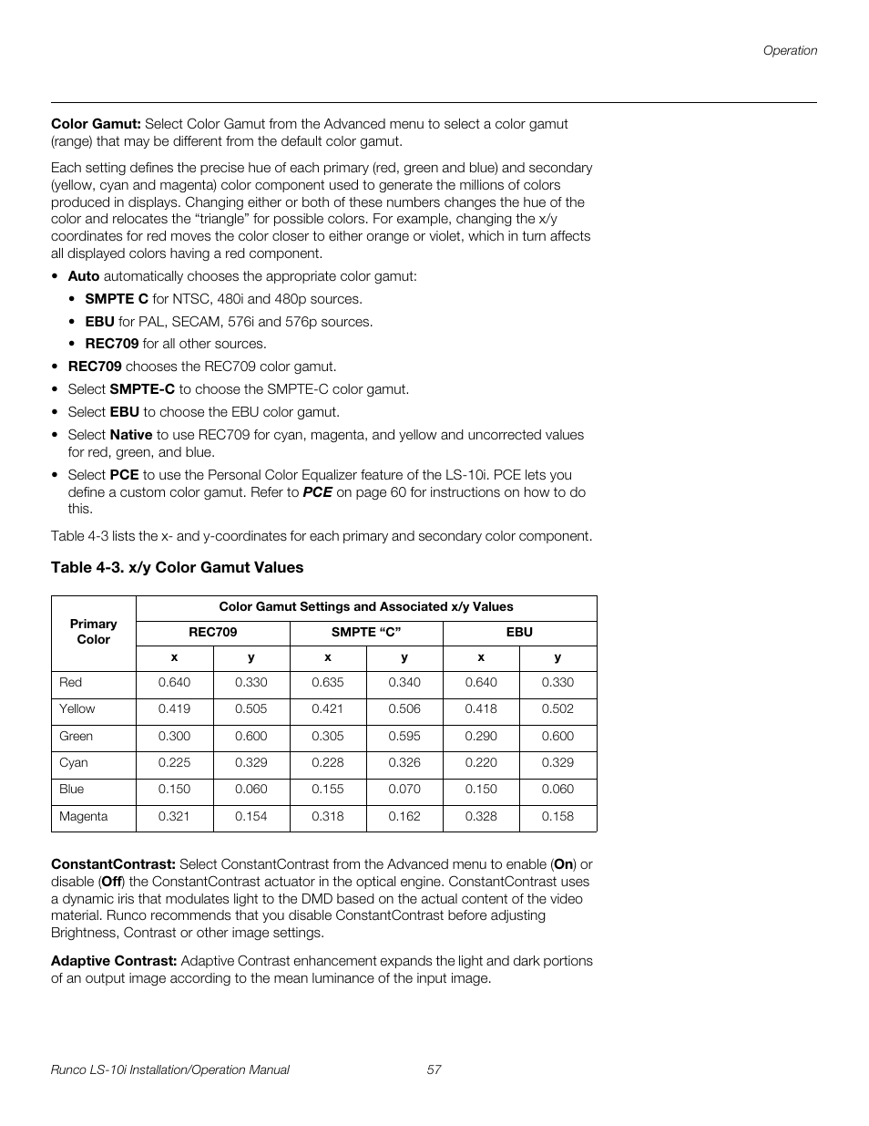 Color gamut, Table 4-3 . x/y color gamut values, Constantcontrast | Adaptive contrast, Olor gamut se, Pre l iminar y | Runco LIGHTSTYLE LS-10I User Manual | Page 73 / 112