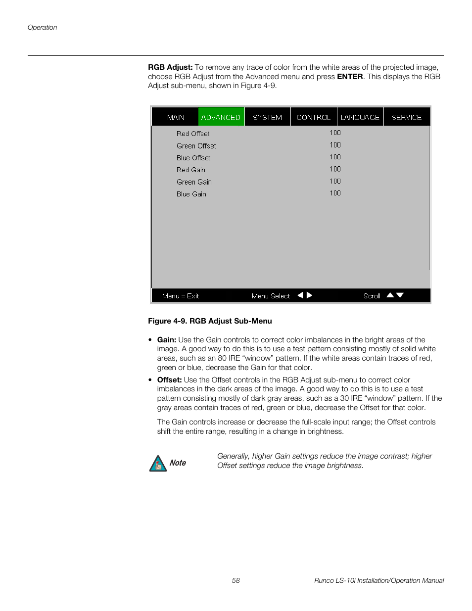 Rgb adjust, Figure 4-9 . rgb adjust sub-menu, 9. rgb adjust sub-menu | Pre l iminar y | Runco LIGHTSTYLE LS-10I User Manual | Page 74 / 112