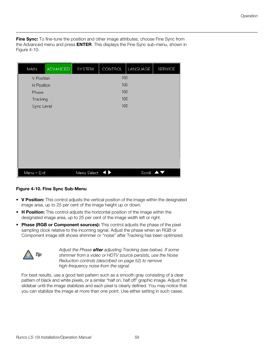 Fine sync, Figure 4-10 . fine sync sub-menu, 10. fine sync sub-menu | Pre l iminar y | Runco LIGHTSTYLE LS-10I User Manual | Page 75 / 112
