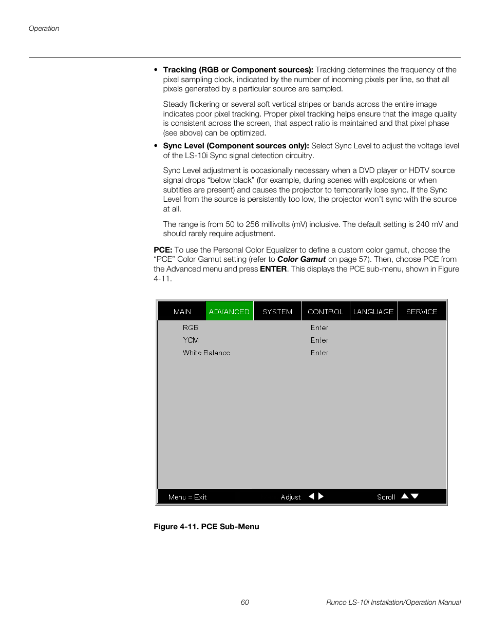 Figure 4-11 . pce sub-menu, 11. pce sub-menu, Pre l iminar y | Runco LIGHTSTYLE LS-10I User Manual | Page 76 / 112