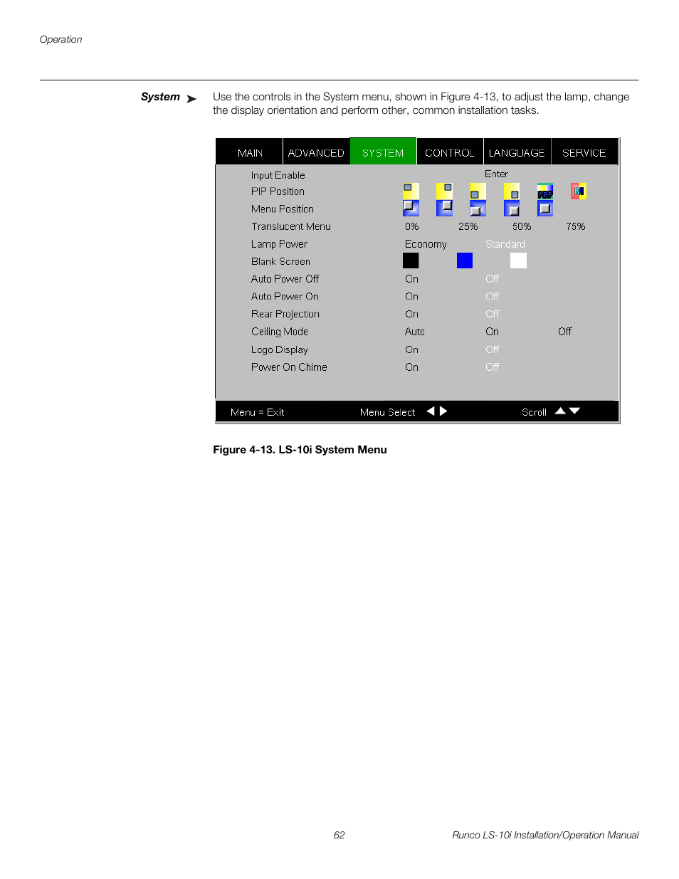 System, Figure 4-13 . ls-10i system menu, 13. ls-10i system menu | Ct system fro, Pre l iminar y | Runco LIGHTSTYLE LS-10I User Manual | Page 78 / 112