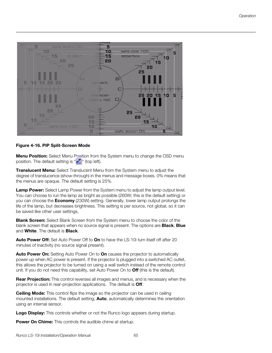 Figure 4-16 . pip split-screen mode, Menu position, Translucent menu | Lamp power, Blank screen, Auto power off, Auto power on, Rear projection, Ceiling mode, Logo display | Runco LIGHTSTYLE LS-10I User Manual | Page 81 / 112